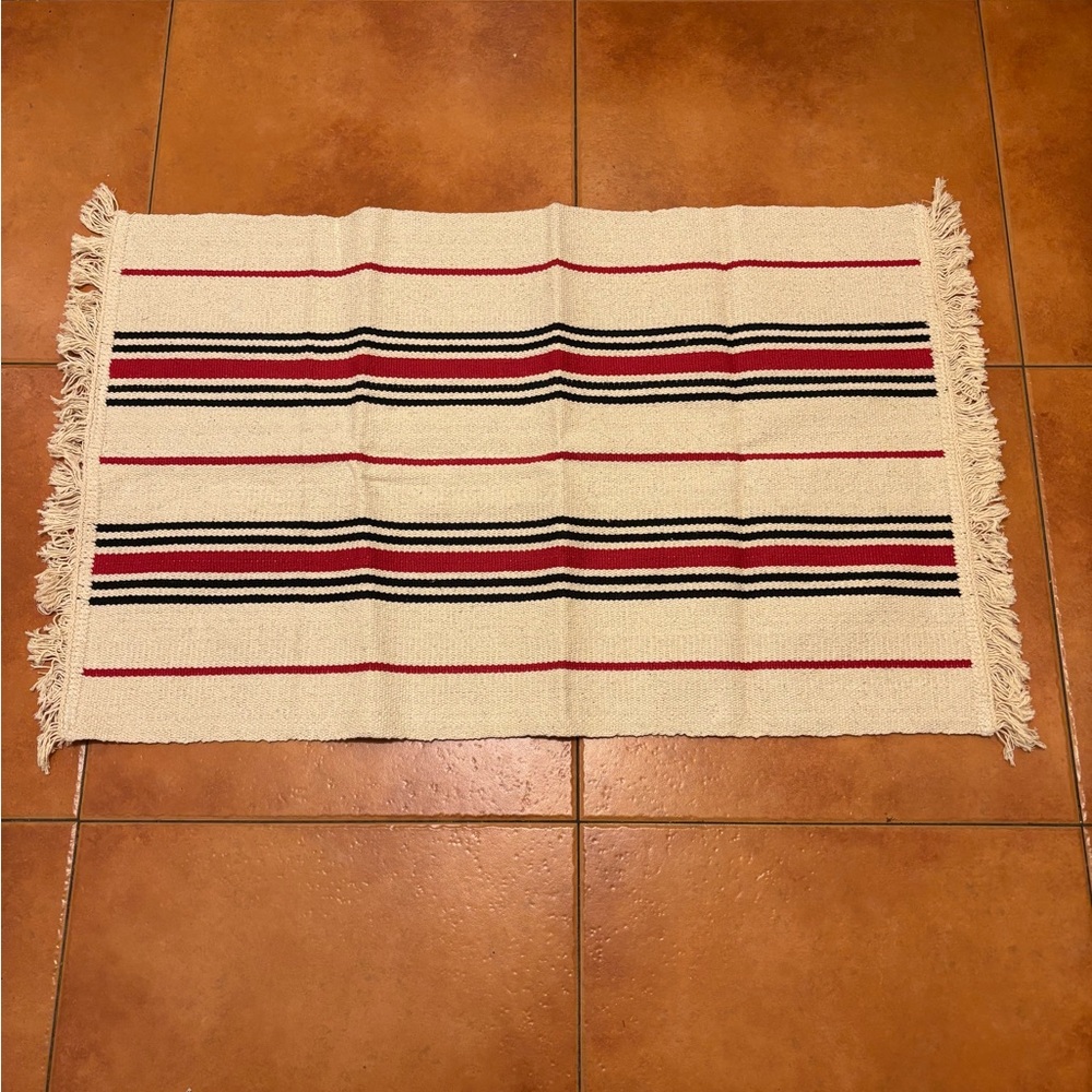 Striped Fringe Rug in cream with black & red stripes. Area rug kitchen BRAND NEW